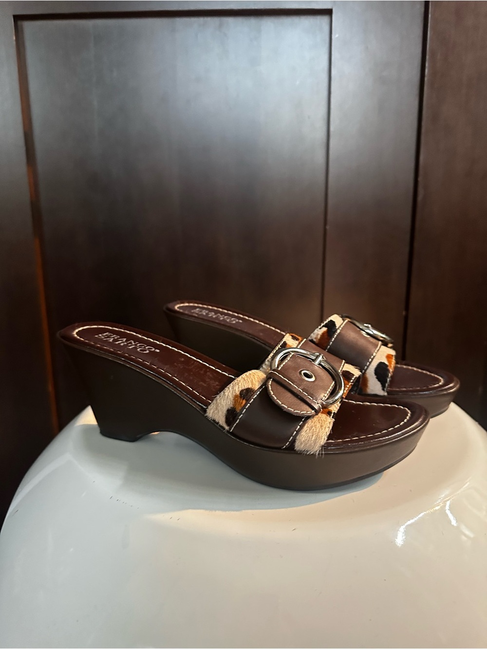 Franco Sarto Brown Wedge Slide heels with Leopard Haircalf Accent